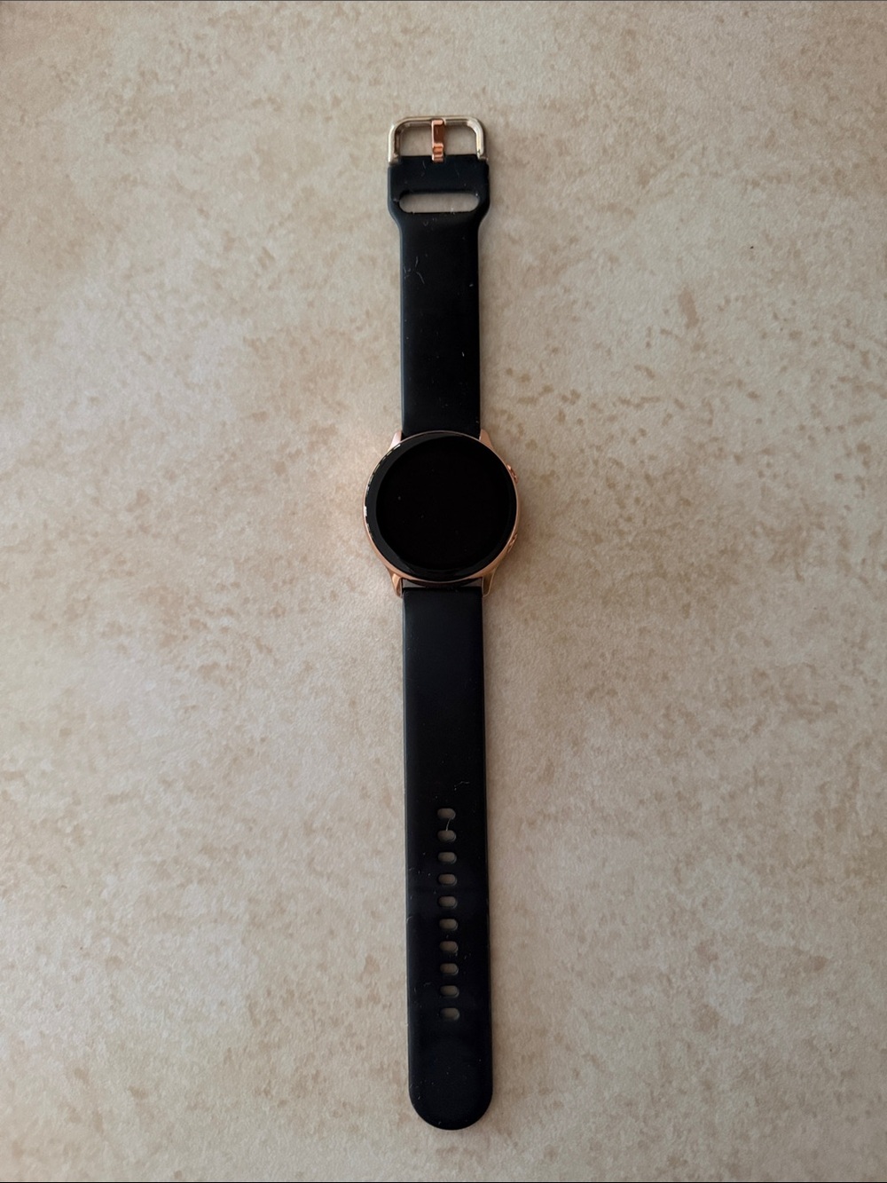 Samsung Galaxy Smartwatch with Rose Gold Case and black silicone strap